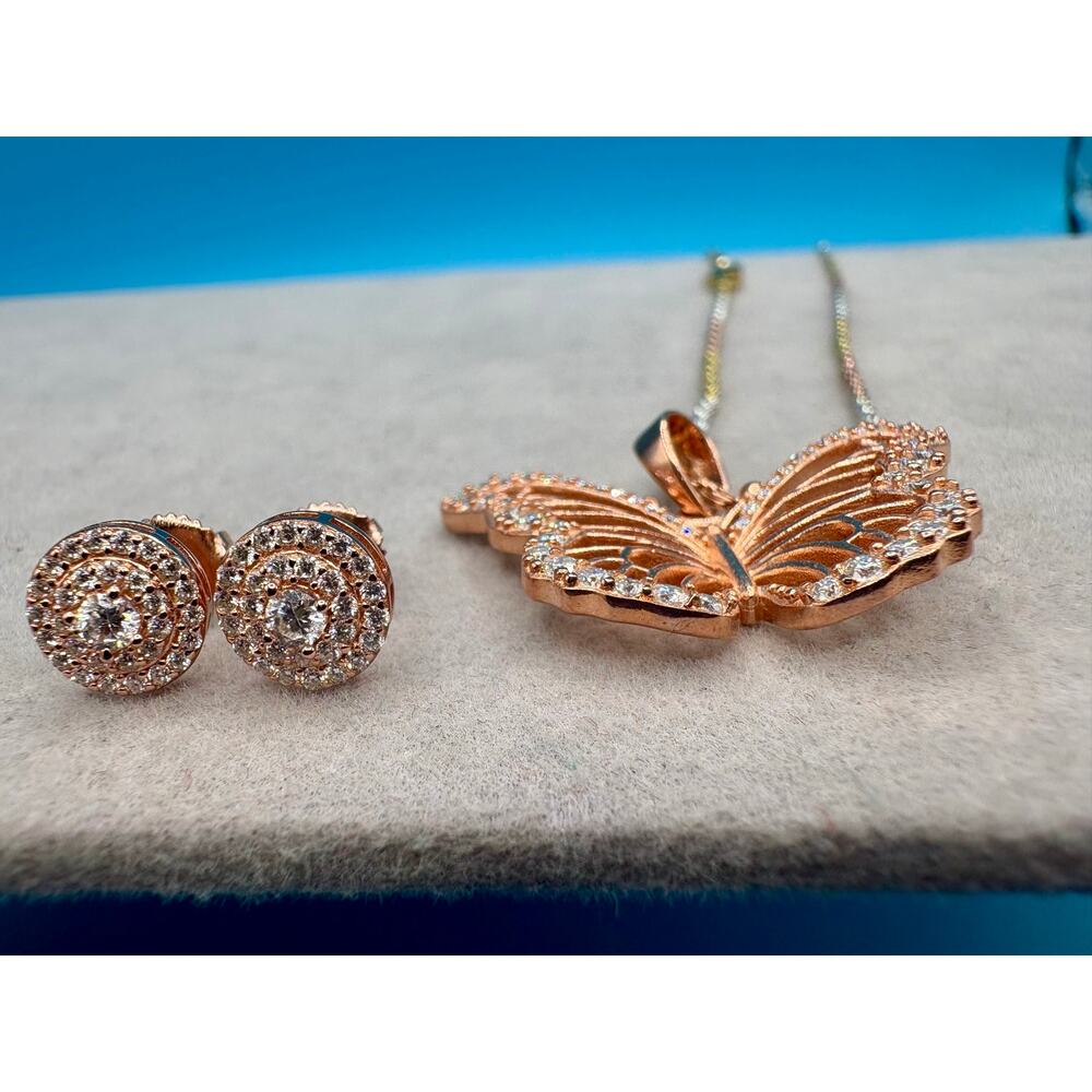 Moissanite Butterfly Necklace & Earring Set in Rose Gold over 925 Sterling - Picture 3 of 11